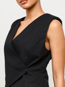 AiiRZ 亚麻混纺无袖马甲短裤套装专业夏季办公室装定制褶皱两件套西装商务休闲精致工作服 - 黑色 - 查看 5