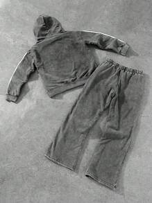 PAVTROS 棉质男士休闲撞色条纹连帽衫和运动裤两件套，男士运动服，男士两件套服装，男士服装，运动衫和运动裤套装，男友礼物拉链连帽衫和裤子 - 灰色 - 查看 2