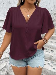 Vionelle Áo sơ mi tay ngắn cổ chữ V màu trơn cỡ lớn, đơn giản và thời trang cho mùa hè - Màu đỏ tím - Xem 3