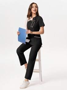 TaskEZ Contrast Color V-Neck Short Sleeve Top And Pants Scrub Uniform Set - Black - View 5