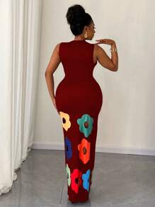 Maweii Plus Size Women Floral Print Crew Neck Dress - Red - View 2