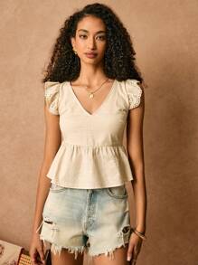 Poéselle Women Solid Color Embroidery Cap Sleeve Woven Casual Blouse - Apricot - View 5