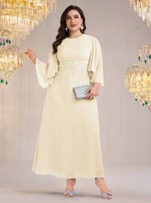 Modelyn Women Plus Size Pearl Decor Ruffle Sleeve Elegant Dress