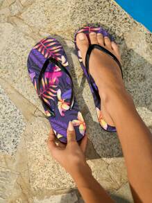 Grefit Chanclas de playa con estampado de flores y suela con diseño floral, para vacaciones de verano, primavera y estilo de playa casual. Zapatos de primavera y verano para vacaciones, boda en la playa, Easter y talla grande. - Morado - Ver 6