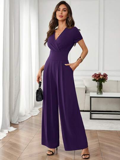 SHEIN Clasi Women's V-Neck Solid Color Jumpsuit With Short Sleeve, Simple & Fashionable For Summer