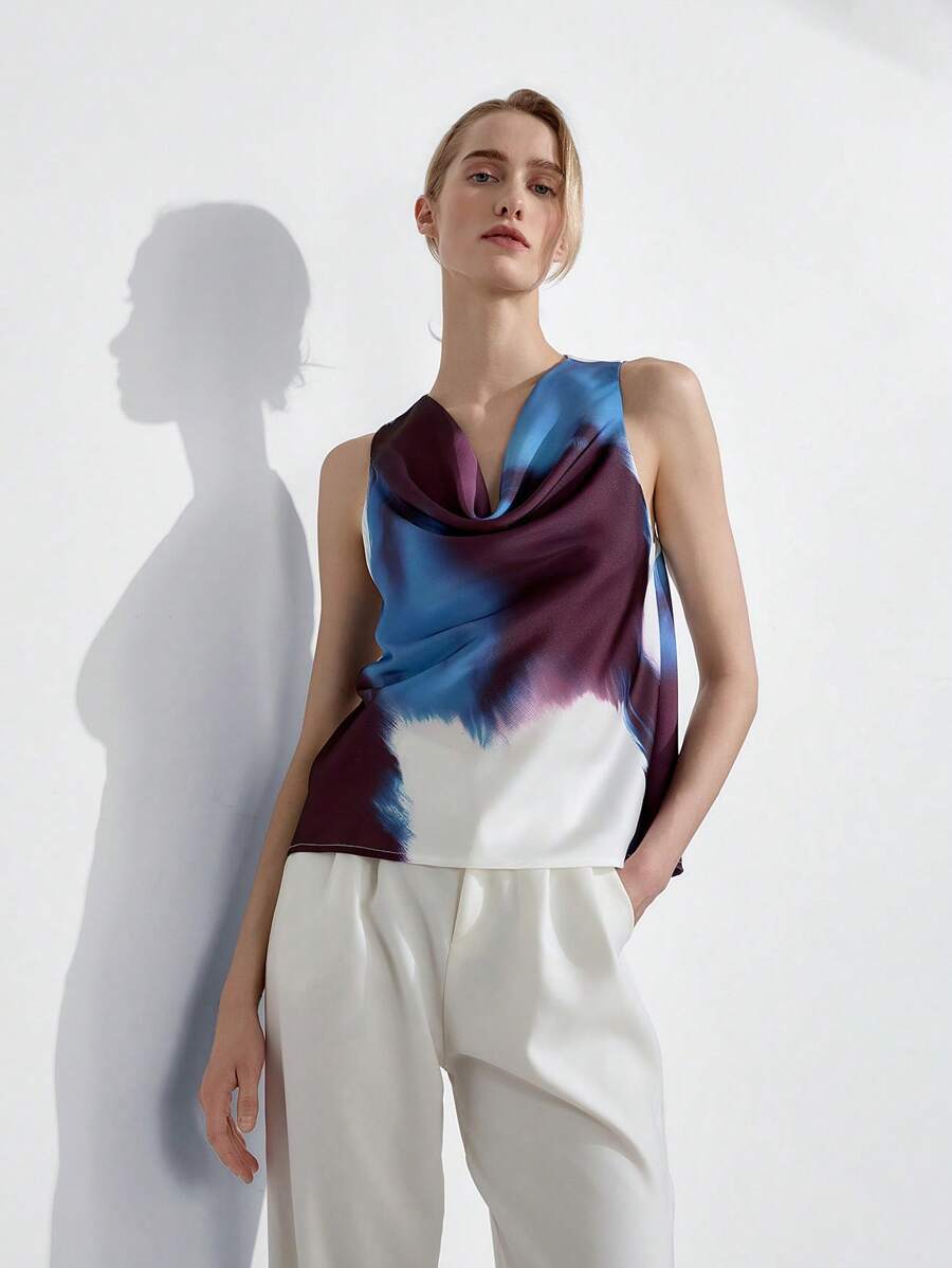 Lumivelle 女士扎染垂领优雅夏季吊带背心，适合通勤 - 彩色 - 查看 1