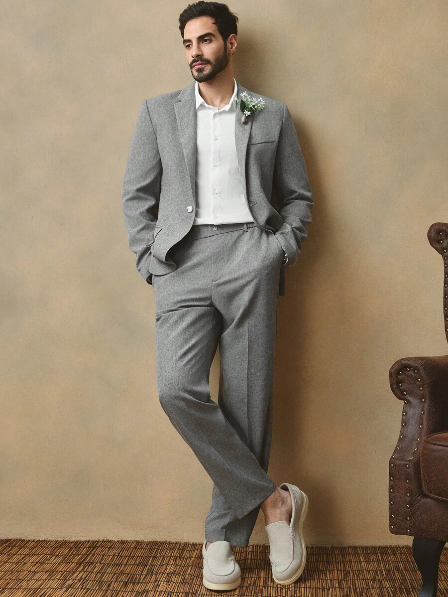 Manfinity NXTstreet 2 件套男士休闲编织花卉印花夹克和中腰裤套装 - 灰色 - 查看 1