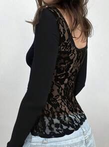 INAWLY Áo thun ren dài tay màu trơn cho nữ, thời trang phù hợp cho mùa hè - màu đen - Xem 1