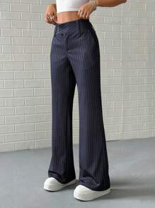 SHEIN PETITE Women's Low Waist Striped Suit Pants With Side Pockets, Stretchy, Spring/Autumn - Navy Blue - View 6