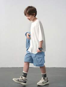 SHEIN Leap Crew 3 peças Tween Boy Casual Colete, Camiseta de Manga Curta, Conjunto de Shorts - Azul Empoeirado - Ver 4
