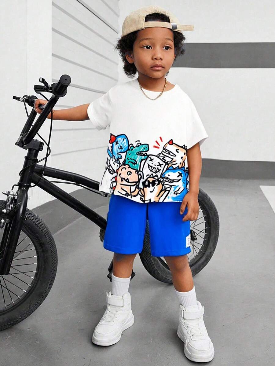 年轻男孩男孩休闲街头日韩可爱宽松卡通涂鸦图案短袖大码T恤短裤两件套适合日常出行运动居家度假适合春夏季节 - 彩色 - 查看 1