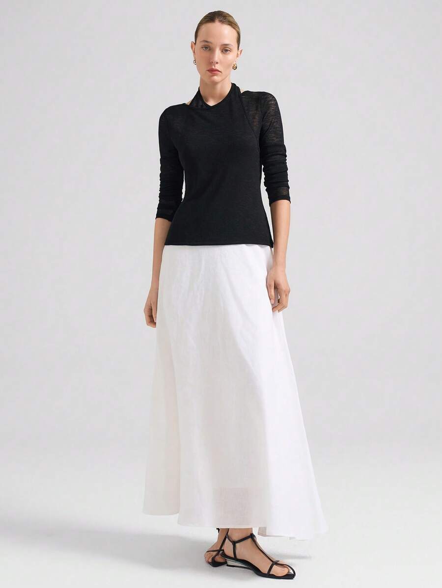 Ontre 2025 Nouveau Festival de Musique & Élégant Top Tricoté Noir 2 en 1 à Col Montant et Manches Longues pour Femmes, Printemps/Été