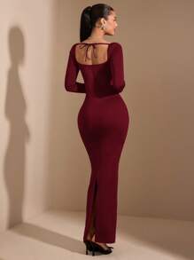 SHEIN BAE Top corto de encaje de manga larga con cuello cuadrado minimalista negro para mujer, vestido elegante y sencillo para otoño/invierno/principios de primavera, adecuado para el Día de San Valentín, fiestas, citas, dama de honor, ocasiones formales, uso diario
