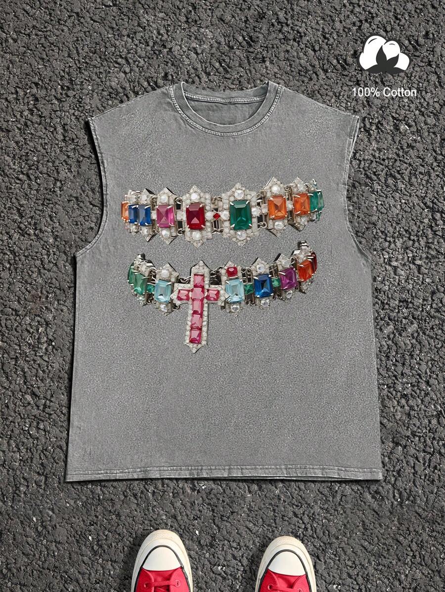 Manfinity EMRG Men's Summer Casual Diamond Printed Tank Top - Black - View 1