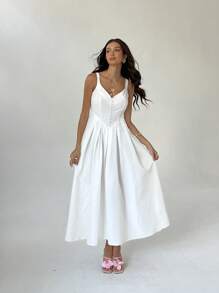 Aloruh Women's Solid Color Thick Strap Fold Pleated Sleeveless Dress - White - View 4