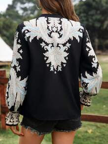 SHEIN LUNE Rave Concert Women Country Concert Rave Festival Stand Collar Notched-Neck Frill Trim Lantern Sleeve Retro Print Casual Vacation Elegant Blouse For Women - Multicolor - View 2