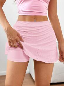 Comfortcana Summer Casual Solid Color Perforated Textured Ruched A-Line Mini Skirt - Pink - View 3