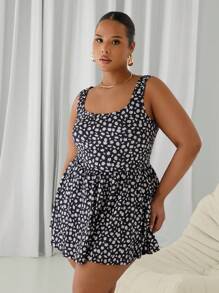 SHEIN EZwear 大码雏菊碎花防滑短裤和带口袋的度假风格迷你连衣裙，春夏 - 彩色 - 查看 1