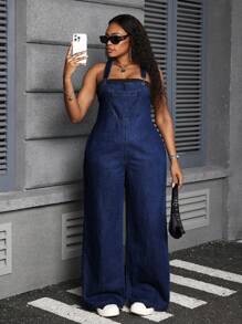 Dripcurv Plus Size Denim Jumpsuit, Sexy Fitted Bib Pants, Blue Vacation Outfits Women Concert Outfit Women