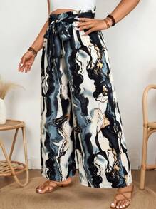 SHEIN LUNE Plus Size Women's Woven Colorblock Print Regular Fit Casual Tie-Waist Wide Leg Pants, Summer, Rave, Festival Spring Break, Boho - Multicolor - View 3