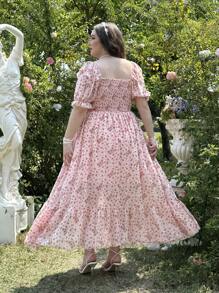 Lyrianda Vestido de fiesta estilo princesa de talla grande con cuello cuadrado y estampado floral pequeño en rosa pálido, con detalles de encaje retro, cintura ceñida y mangas abullonadas para mujeres, ideal para San Valentín, con motivos de rosas, corazones, lunares, amor, labios y Cupido