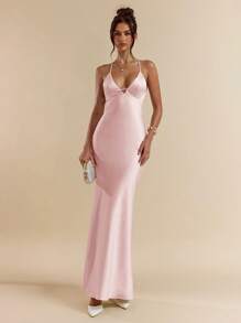 SHEIN BAE 杏色白色深 V 领细肩带超长露背系带缎面鱼尾连衣裙，优雅连衣裙，度假连衣裙，伴娘连衣裙，生日派对连衣裙，毕业礼服，白色连衣裙 - 珊瑚粉 - 查看 3