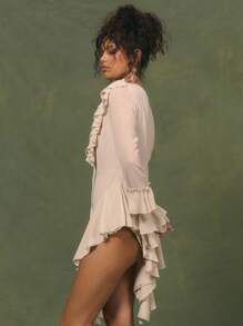 MUSERA Mono de manga larga con cuello de pico, cuello con volantes extremos, dobladillo con volantes, look lindo y sexy, adecuado para Ibiza, primavera, verano, club, vacaciones, vacaciones, estilo bohemio, primavera, verano, elegante ropa de playa