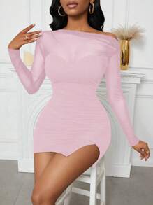 VaVaBold Abito mini asimmetrico da donna con spalla asimmetrica, patchwork, balze sul fondo e spacco