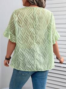 SHEIN LUNE Blouse décontractée ample pour femmes, col rond, manches courtes, couleur unie, jacquard, pour l'été - Turquoise - Voir 2