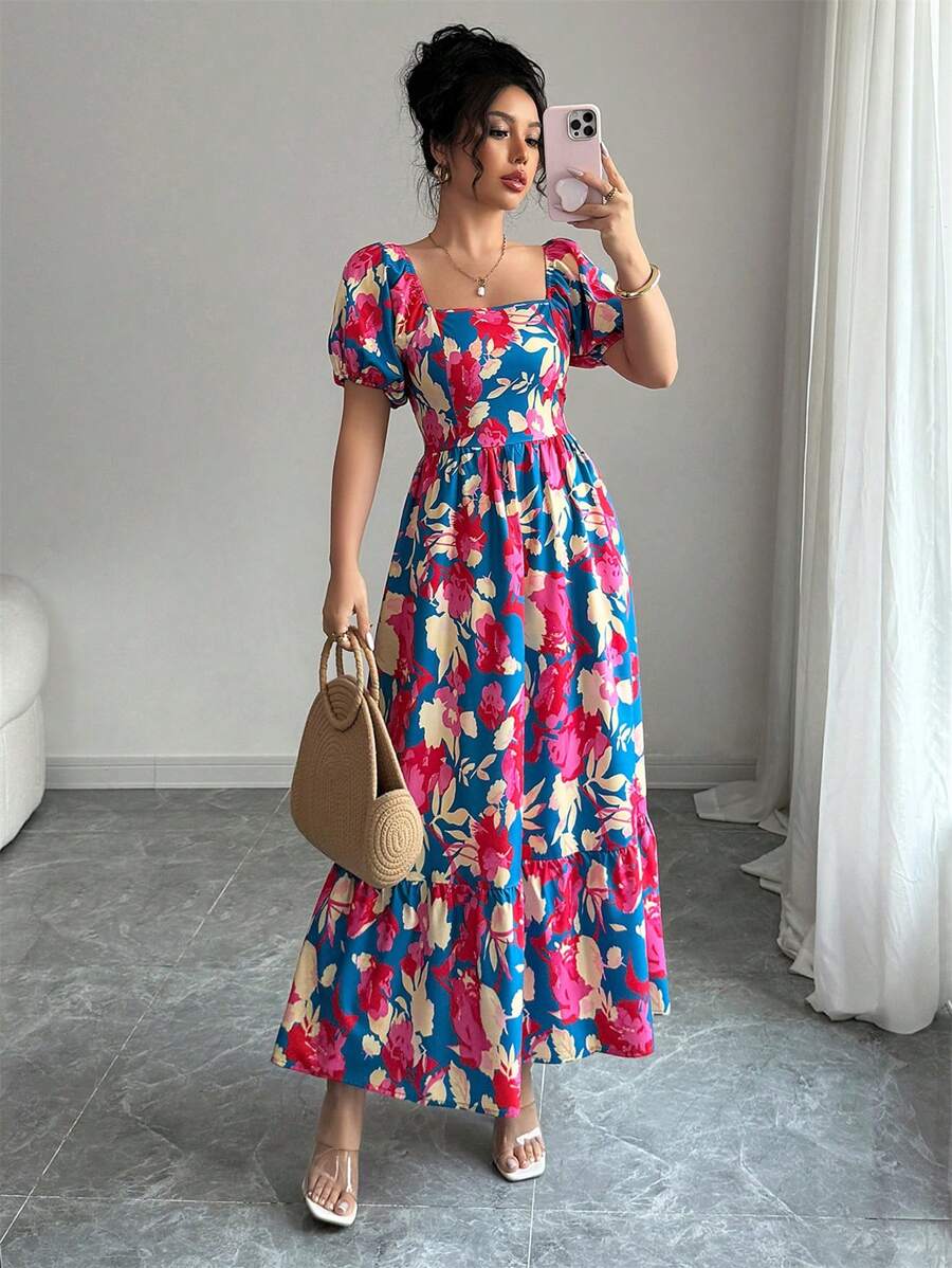 Flora Isola Flora Isola Printed Ruched Crew Neck Puff Sleeve Design Women Dress - Multicolor - View 1