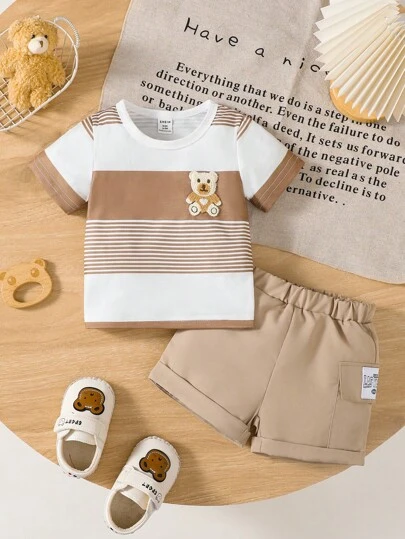 2 件装男婴可爱时尚夏季套装：熊刺绣条纹针织 T 恤 + 休闲编织短裤，适合日常穿着和户外