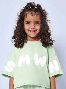 SUMWON Kids Two-Piece Smwn Letter Print Set Boxy T-Shirt Shorts Outfit Casual Streetwear Summer Spring Athletic Activewear Play Set Lightweight Everyday Comfort - Green - View 5