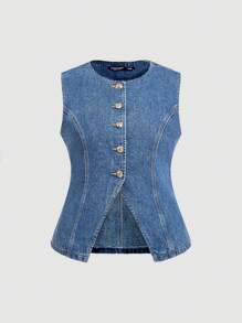 SHEIN MOD Women Plus Blue Plus Size Vest Old Money Style Denim Vest Metal Buttons Summer, Fall - Light Wash - View 1