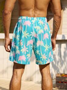Manfinity Swimmode Pantalones cortos de playa con cintura de cordón y bolsillo para hombres con estampado de plantas