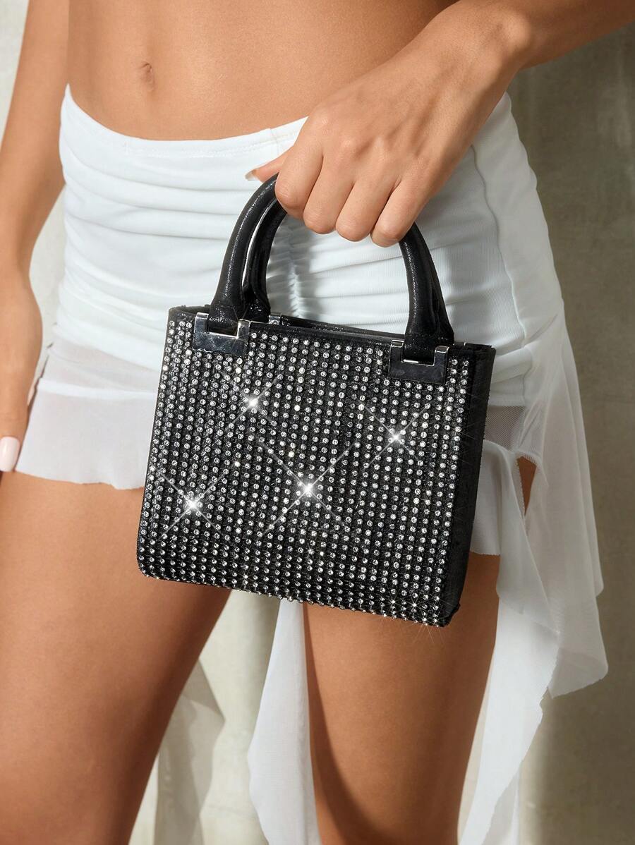 SHEIN ICON 女士手提包，时尚，个性，简约，多功能，甜美酷炫女孩，辣妹，Y2K，青少年，水钻，闪亮，适合鸡尾酒会，派对，舞会，俱乐部，约会，生日，晚会，约会之夜，舞会， - 黑色 - 查看 1