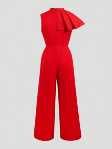 Teen Girls' Solid Color Ruffle Hem Jumpsuit - Red - View 2