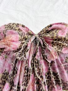 Soleia Crop top da donna con stampa leopardata e floreale, senza spalline, arricciato, con laccio sulla parte anteriore e volant sul fondo, ideale per feste, appuntamenti, tè del pomeriggio, viaggi in città e spiaggia