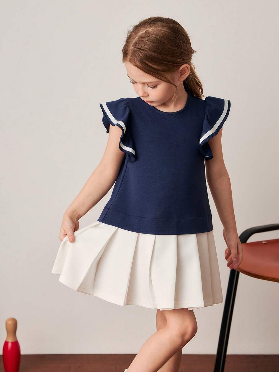 PrepCrw Young Girls Collegiate Style Ruffle Sleeve Knit Dress, Navy Blue, Spring/Summer - Multicolor - View 1