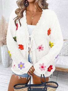SHEIN Holidaya Plus Size Women's Solid Color Knit V-Neck Hollow Floral Decor Long Sleeve Regular Elegant Vacation Lightweight Cardigan, Spring/Summer