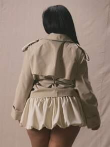 MUSERA Plus Size Cropped Trench Tie Waist Detail Jacket For Business Casual, Holiday Autumn Winter Fall