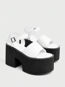 Sugerpunk Women's White Open Toe Platform Chunky Heel Strap Clogs, Minimalist Casual Summer Shoes, Fashion Ankle Strap Wedge High Heels - White - View 1