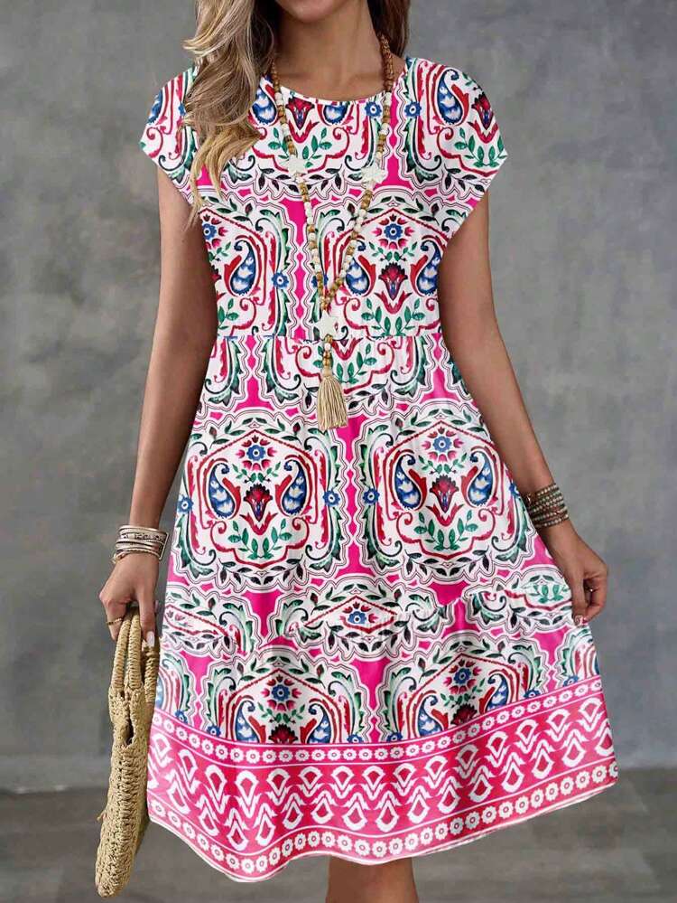 Casual Loose Crew Neck Short Sleeve Midi Dress For Women, Suitable For Summer
