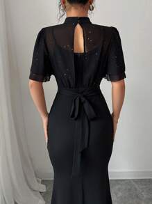 Rafferiza French Elegant Solid Color Stand Collar Double Layer Bowknot Tie Ruffle Trim Fitted Mesh Overlay Women Mini Dress - Black - View 2