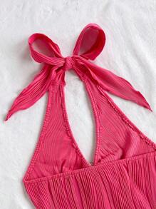 Soleia 休闲颈部系带金属扣修身不对称下摆短款上衣 - 玫紅色 - 查看 9