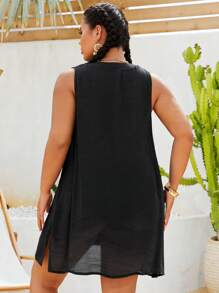 Swim Lushoire Plus Size Vacation Sleeveless Collared Cover Up For Summer