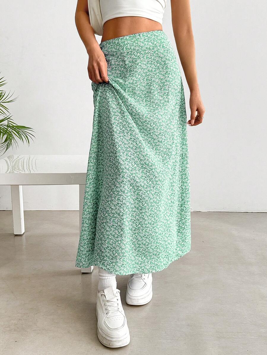 SHEIN EZwear 女士碎花喇叭裙，度假和休闲装 - 綠色 - 查看 1