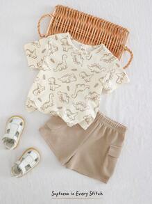 Cozy Pixies Set de 2 piezas para bebé niño: Parte superior de punto de cuello redondo de manga corta con estampado de animales de dibujos animados y pantalones cortos de cintura elástica