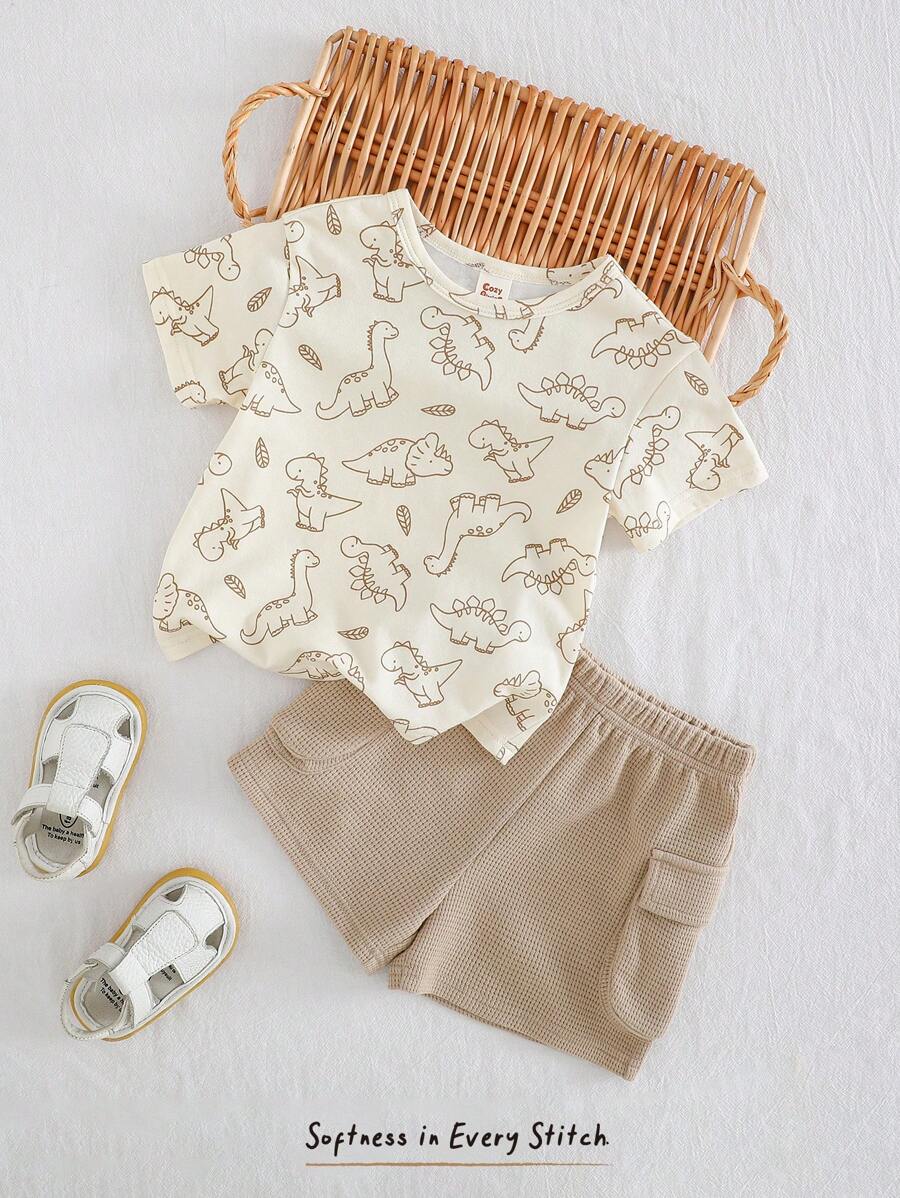 Cozy Pixies Set de 2 piezas para bebé niño: Parte superior de punto de cuello redondo de manga corta con estampado de animales de dibujos animados y pantalones cortos de cintura elástica