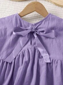 SHEIN LMoss Kids LMoss Young Girl Young Girl Woven Solid Color Loose Casual Blouse With Round Neck & Bowtie - Purple - View 7