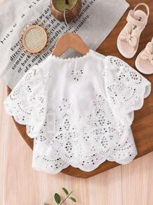 SHEIN LMoss Kids 年轻女孩轻盈纯色镂空提花短款休闲罩衫